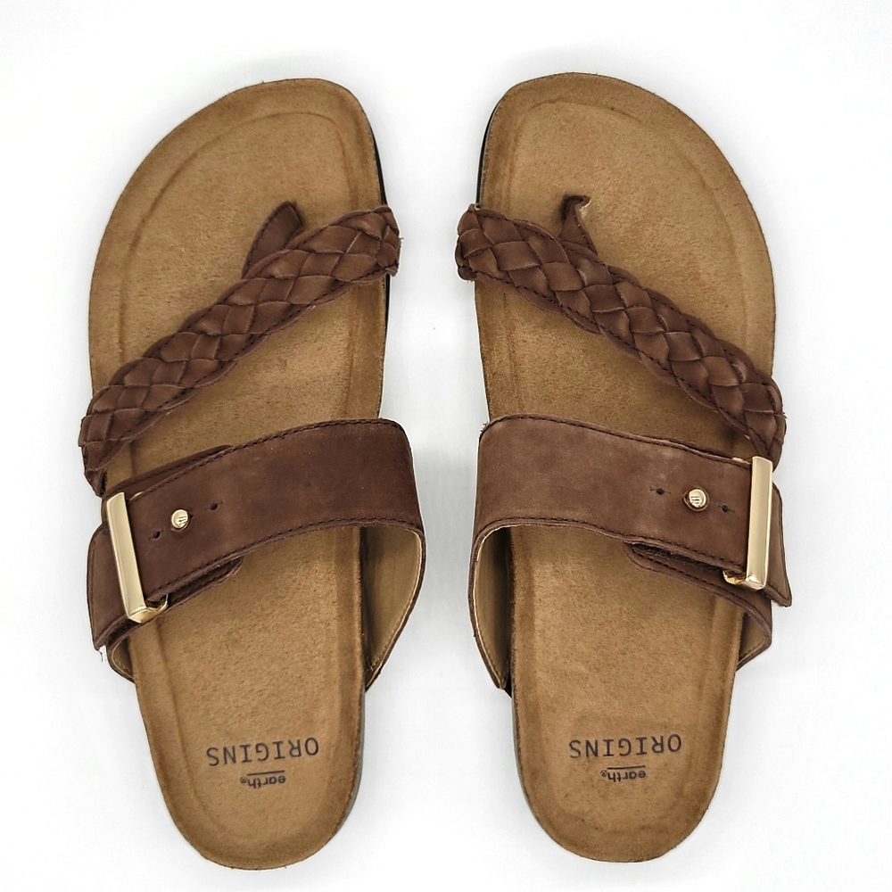 Earth Origins - Braided Leather Strap Slide Sandals - Brown 7.5